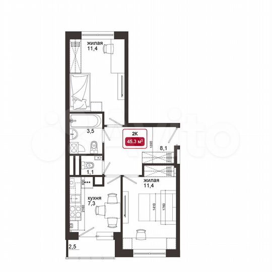 2-к. квартира, 45,1 м², 4/4 эт.