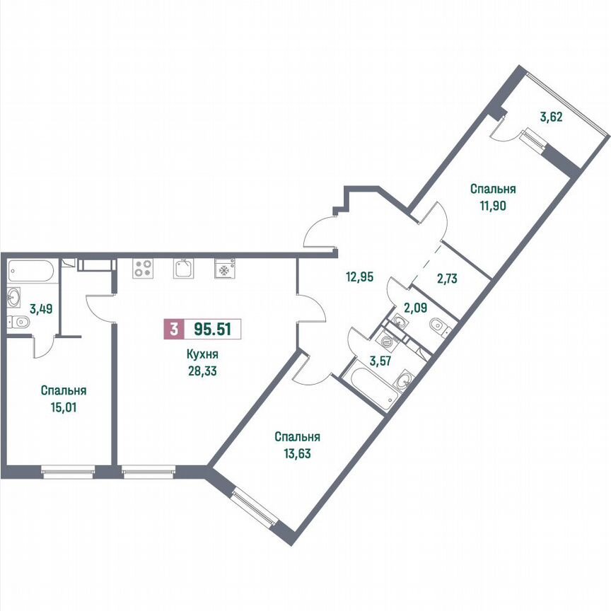 3-к. квартира, 95,5 м², 11/16 эт.