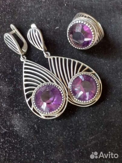 Серьги и перстень серебро 925 с аметистом