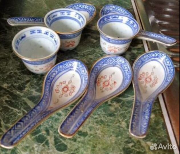 Старинный китайский сервиз голубой рисовый дракон