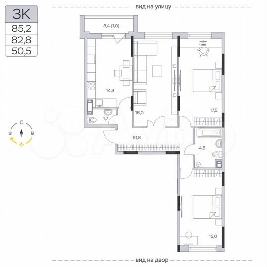 3-к. квартира, 83 м², 6/9 эт.