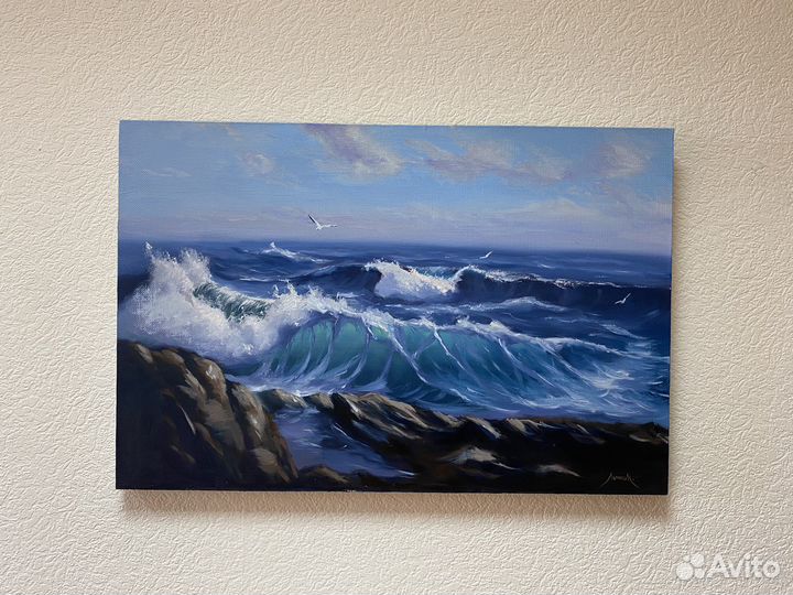 Волна у камней. Картина маслом