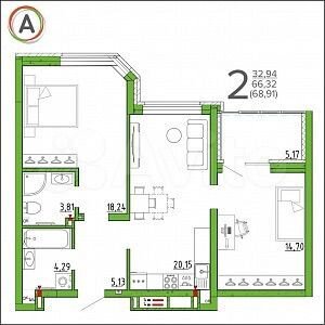 2-к. квартира, 68,9 м², 2/16 эт.