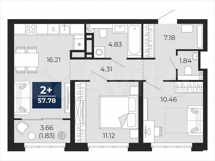 2-к. квартира, 57,8 м², 13/22 эт.