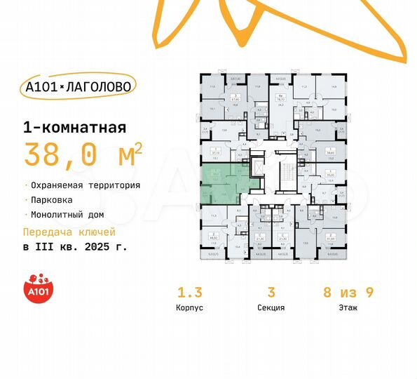 1-к. квартира, 38 м², 8/9 эт.