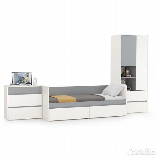 Молодёжная мебель Торонто № 21, цвет белый шагрень/стальной серый, шхгхв 354х84,4х195,7 см, спальное