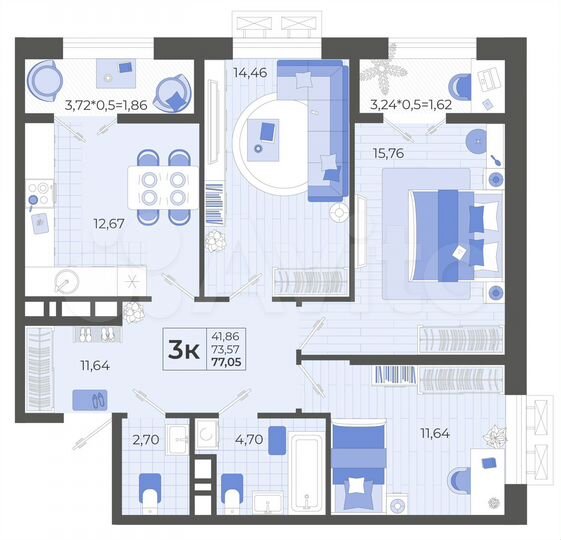 3-к. квартира, 77,1 м², 11/14 эт.