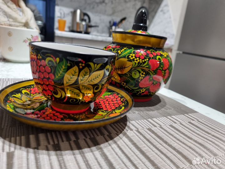 Чашка с блюдцем и сахарница ручная работа