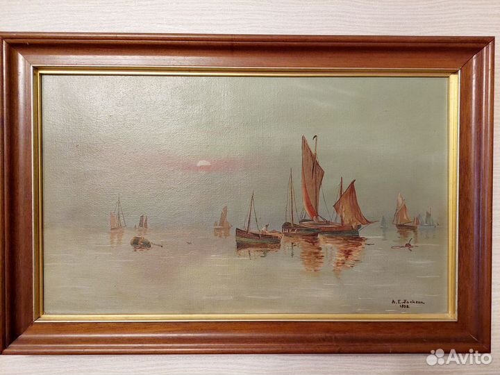 Старая картина маслом в раме. Море, парусники