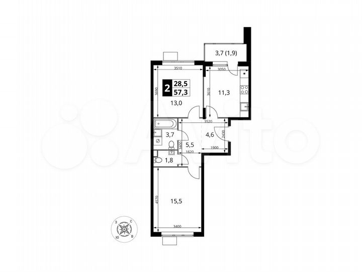 2-к. квартира, 57,3 м², 17/17 эт.