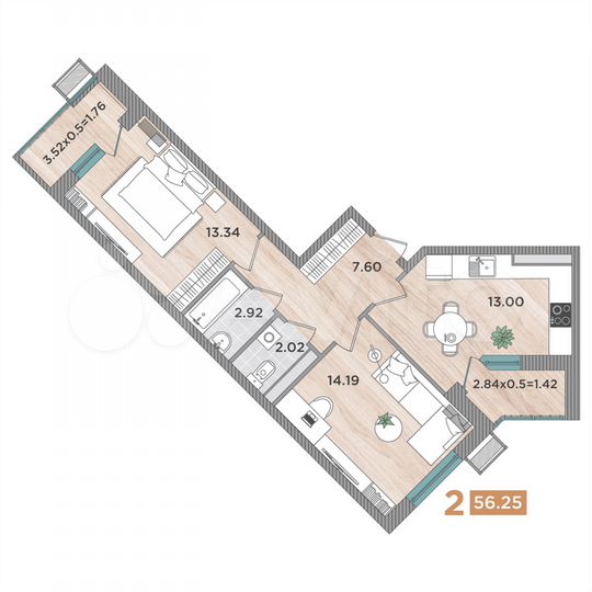 2-к. квартира, 56,3 м², 4/8 эт.