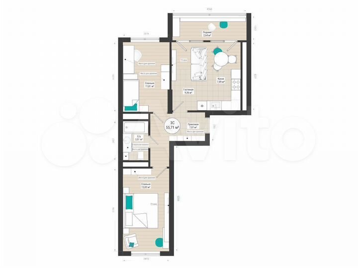 3-к. квартира, 55,7 м², 22/27 эт.