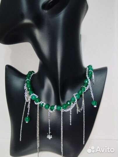 Колье- Гранж/чокер с зелёным агатом