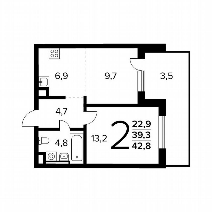 2-к. квартира, 42,8 м², 1/14 эт.