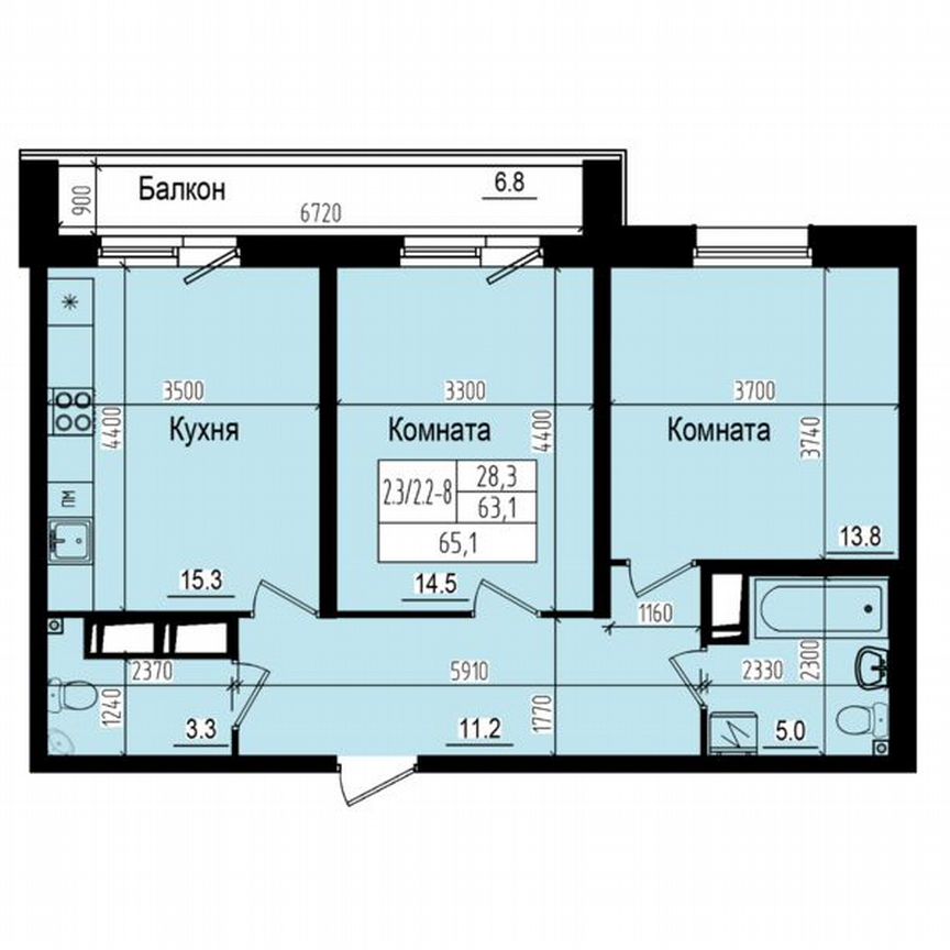 2-к. квартира, 65,1 м², 3/23 эт.