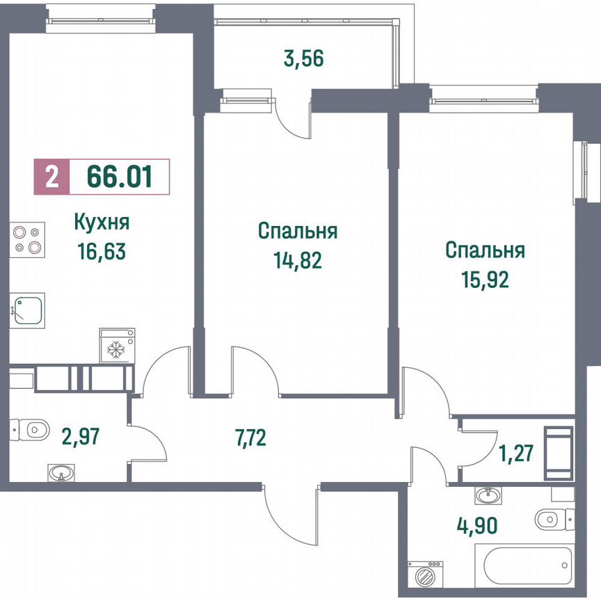 2-к. квартира, 66 м², 14/16 эт.