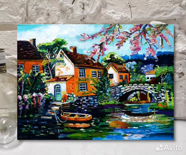 Картина маслом Пейзаж с домиками холст 30на40см