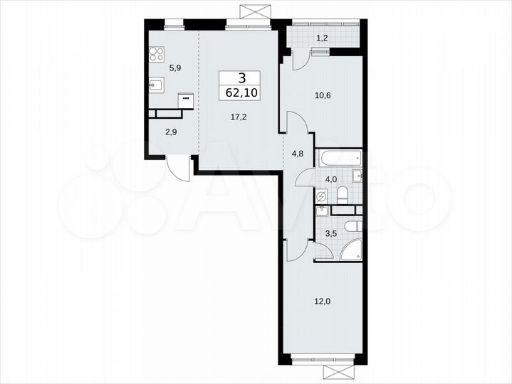 3-к. квартира, 62,1 м², 3/9 эт.