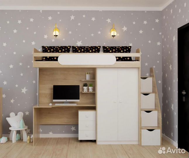 Кровать чердак со столом и шкафом Колледж-2