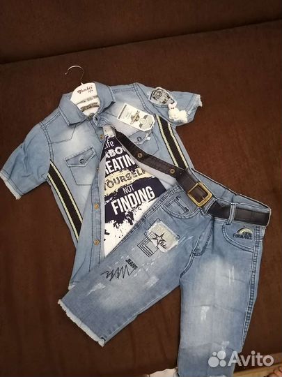 Джинсовый костюм Футболка, рубашка, бриджи,5-8л