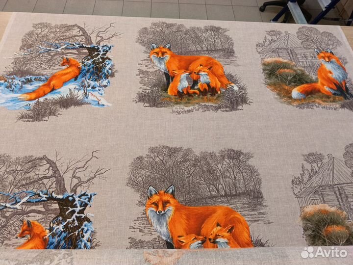 Ткань рогожка Лисы, для полотенец, подарочная