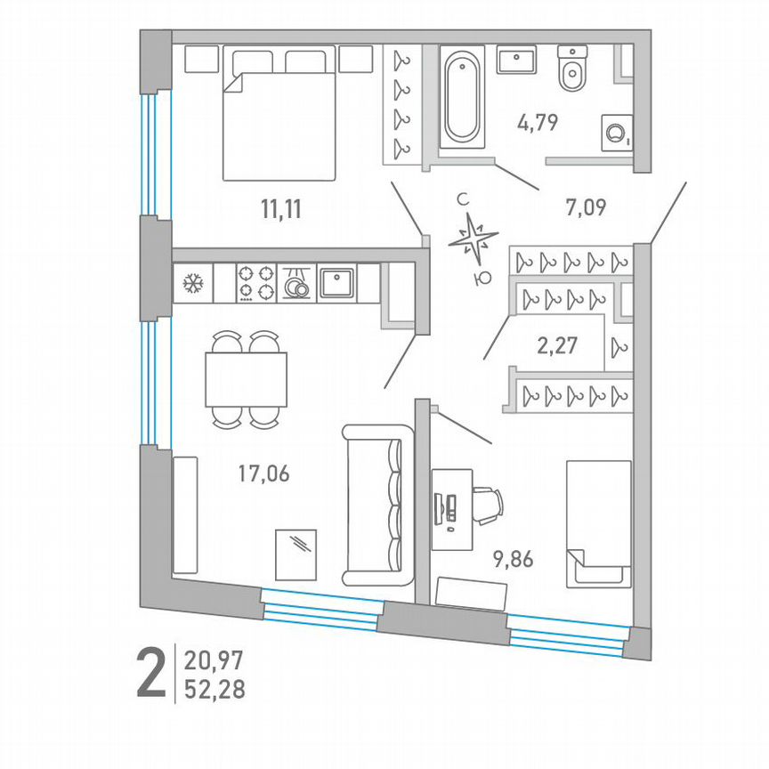 2-к. квартира, 52,3 м², 2/10 эт.