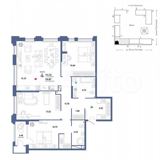 4-к. квартира, 114,4 м², 6/25 эт.