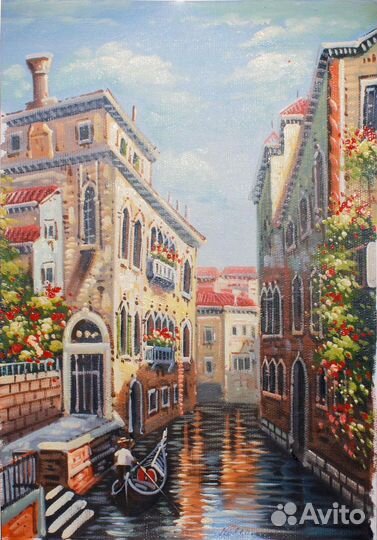 Картина с городским пейзажем. Италия. С подписью а