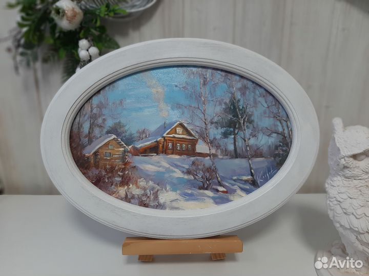 Картина зимний пейзаж с домиком