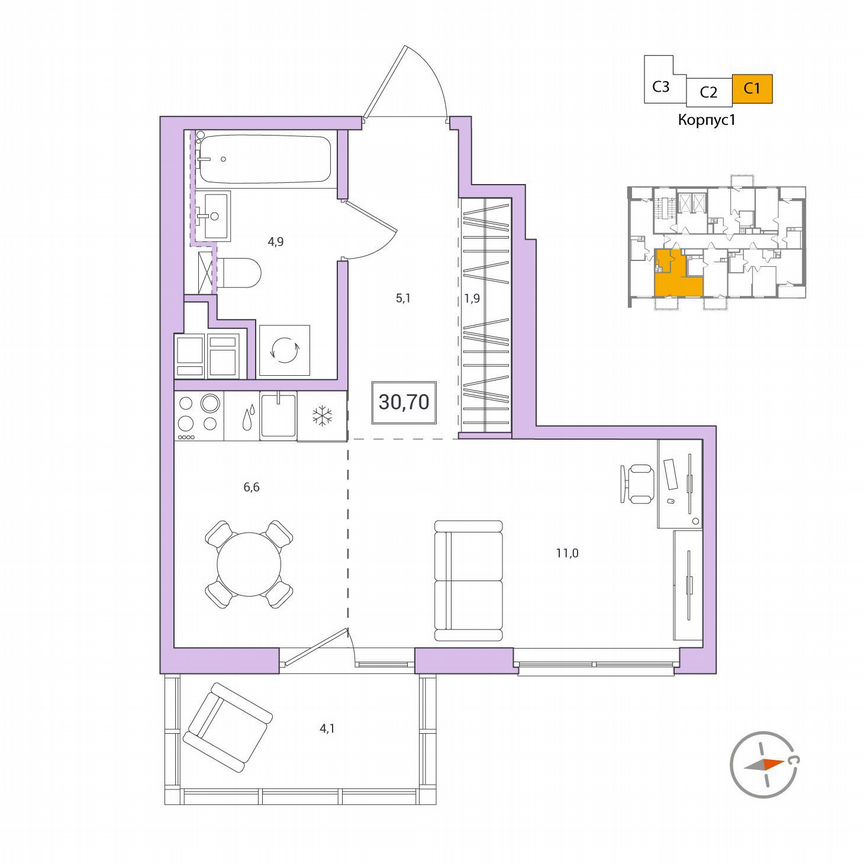 Квартира-студия, 30,7 м², 7/12 эт.
