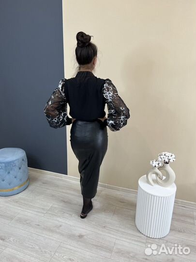 Юбка кожаная женская новая черная миди 42 44 46