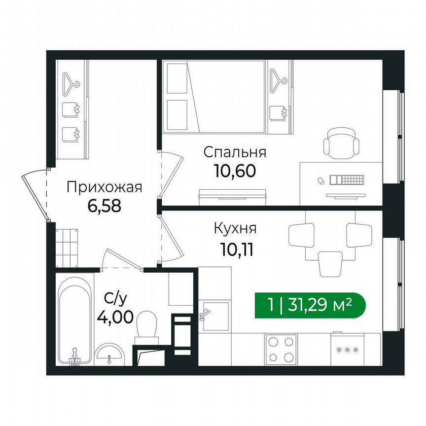 1-к. квартира, 31,3 м², 1/8 эт.