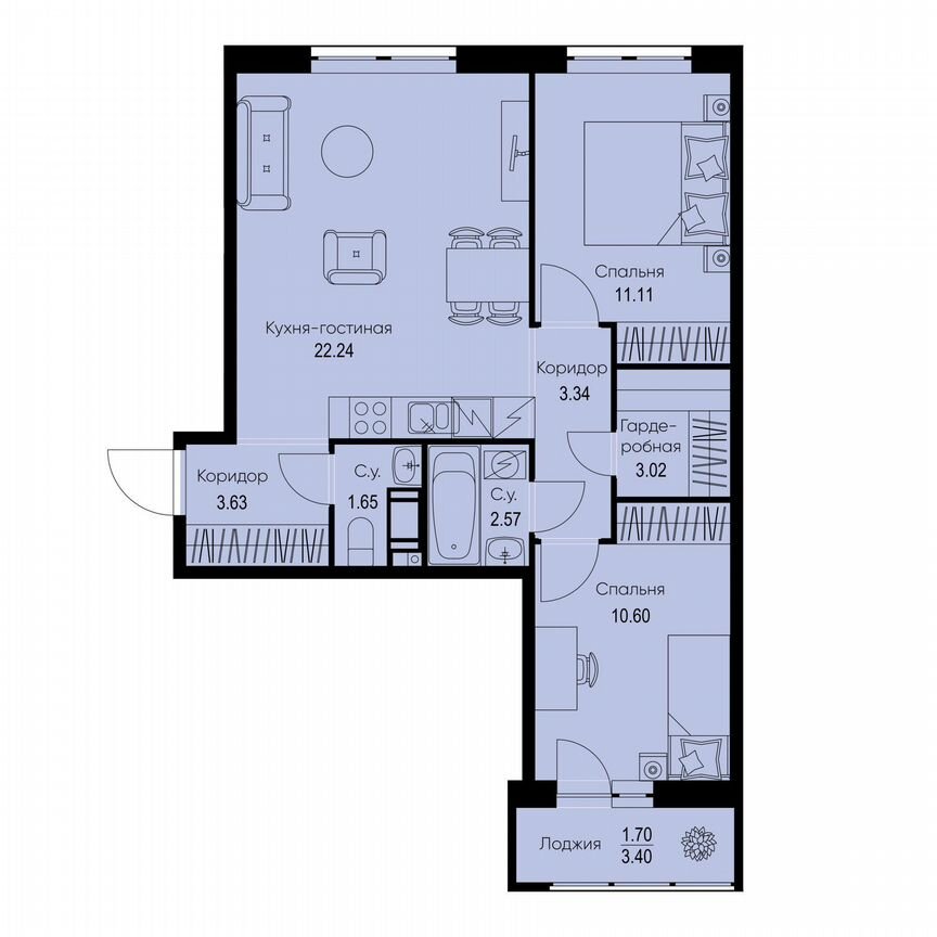2-к. квартира, 59,9 м², 9/9 эт.