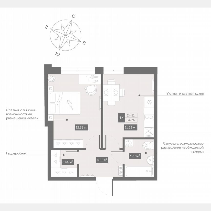 1-к. апартаменты, 34,8 м², 5/13 эт.