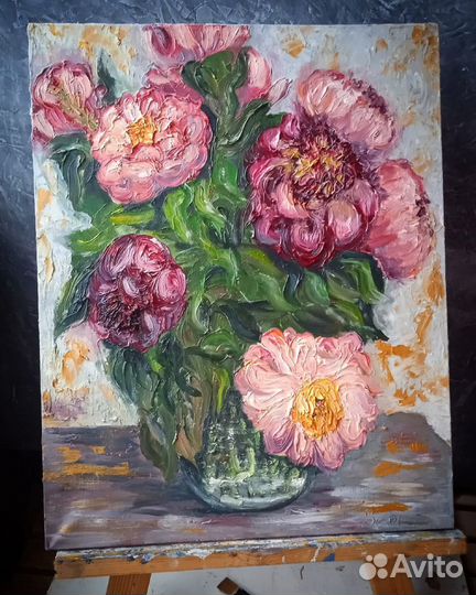 Картина маслом Натюрморт с пионами в вазе 40х50