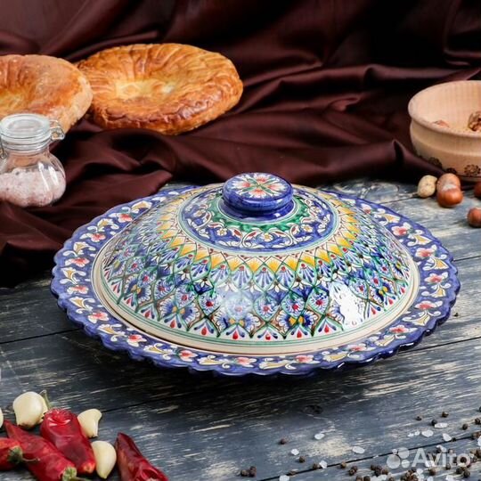 Блинница Риштанская Керамика 'Цветы', 32 см, синий