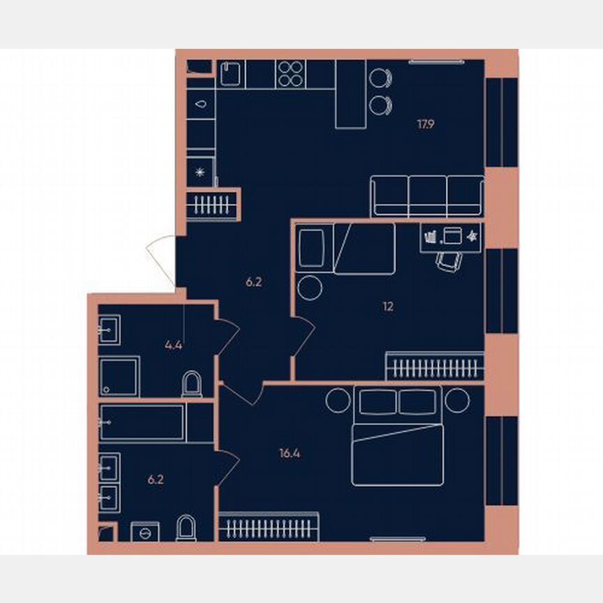 2-к. квартира, 63,1 м², 15/32 эт.