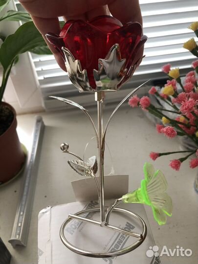 Подсвечник красный цветок посеребренный