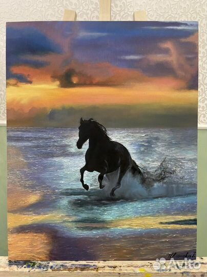 Картина маслом «Лошадь на закате в море»