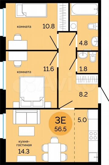 3-к. квартира, 56,5 м², 10/15 эт.
