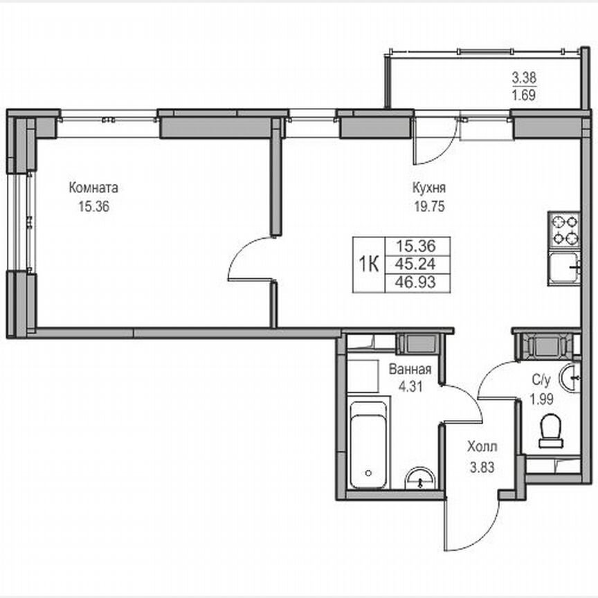 1-к. квартира, 46,9 м², 8/23 эт.