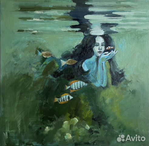 Квадратная картина маслом на холсте Русалочка
