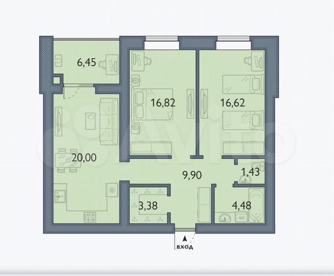 2-к. квартира, 79,3 м², 1/9 эт.