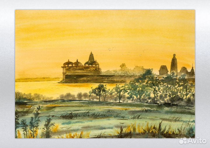 Храм Мадана Мохана, акварель, пейзаж, 25х35