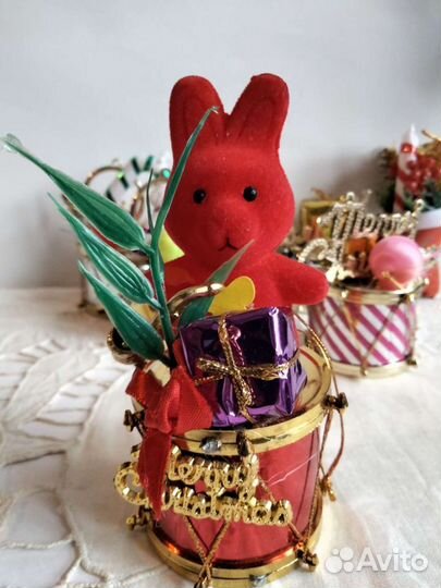 Ёлочные игрушки Дед Мороз, заяц, барабан