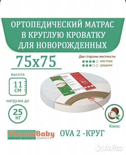Ploomababy Матрас в кроватку OVA 2 (75х75) круглый