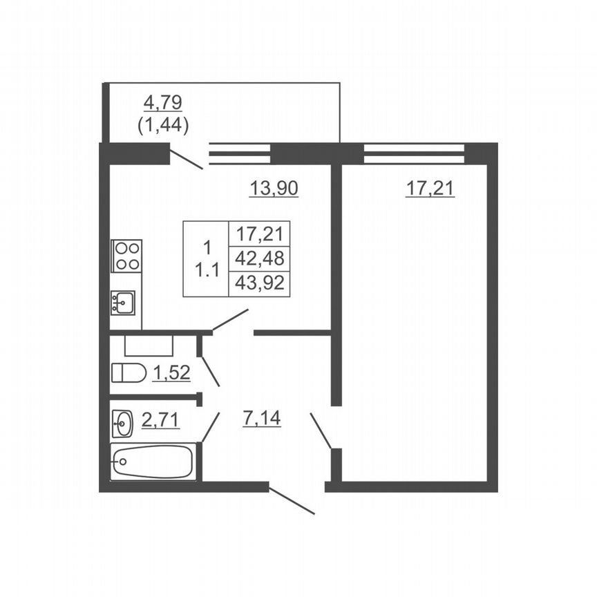 1-к. квартира, 43,9 м², 13/16 эт.