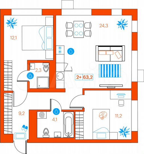 2-к. квартира, 63,2 м², 17/21 эт.
