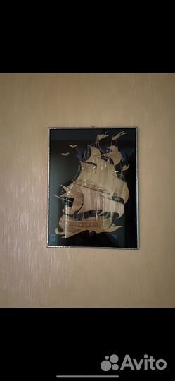 Картина Парусный Фрегат из соломки 1970-80 гг