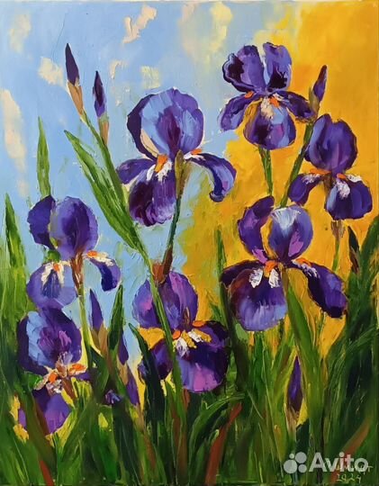 Картина маслом Ирисы. Холст на подрамнике 50х40